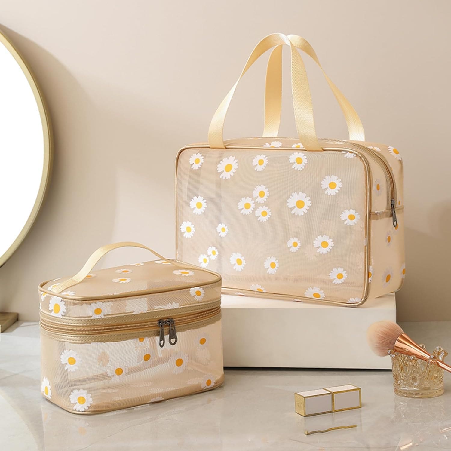 Set Of 2 Daisy Mesh Makeup Bag, Large Capacity Portable Travel Wash Bag, Cute Daisy Pattern Women Zipper Make Up Case, Multipurpose Hot Spring Mesh Bag, Wardrobe Suitcase Pouch Set Of 2 Daisy Mesh Makeup Bag, Large Capacity Portable Travel Wash Bag, Cute Daisy Pattern Women Zipper Make Up Case, Multipurpose Hot Spring Mesh Bag, Wardrobe Suitcase Pouch